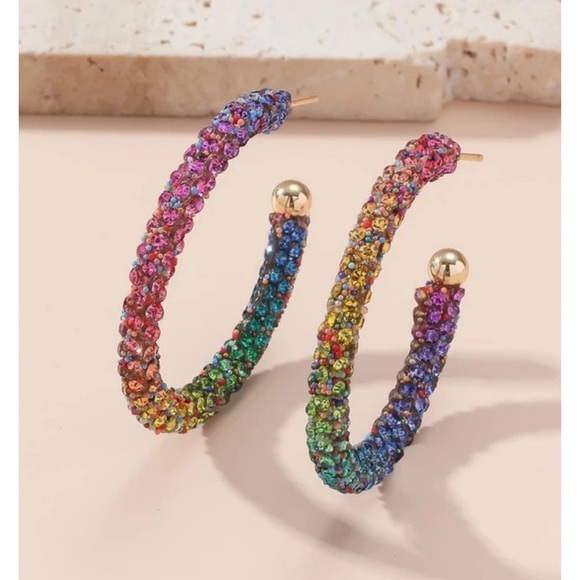 Gold tone multicolored hoop earrings - Picture 1 of 3